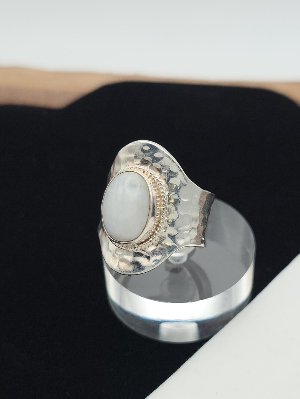 Hammered 925 Sterling Silver Moonstone Thumb Ring 10 Boho Bali Hippie Jewelry